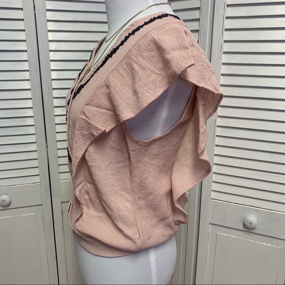 Pink Crepe Wrap Blouse with Black Lace Detailing and Ruffle Sleeves - Picture 4 of 9